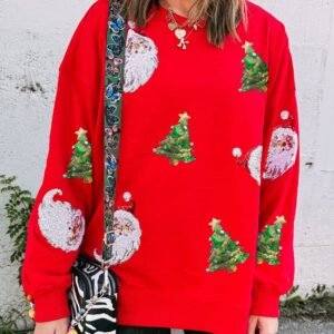 Red Santa Claus Christmas Tree Patched Pattern Drop Shoulder Sweatshirt