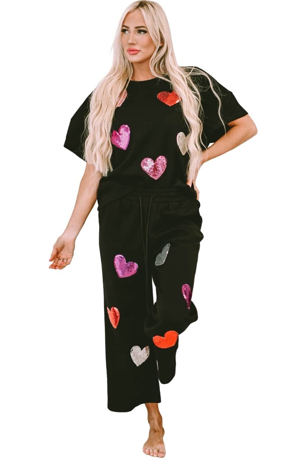 Black Sequin Heart Popping Graphic Textured 2Pcs Outfit