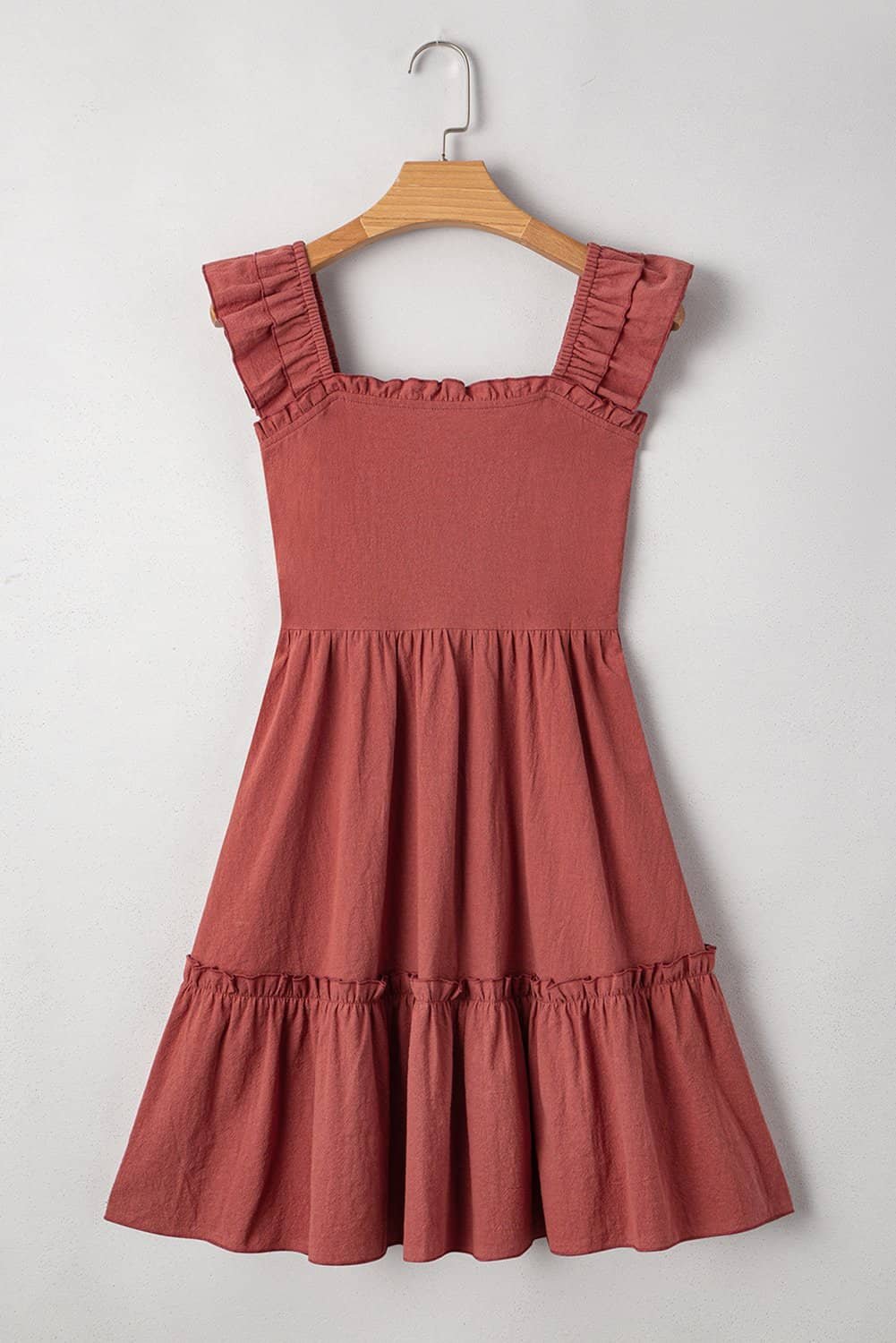 Red Sandalwood Geometric Stitch Shirred Bodice Ruffled Trim Sleeveless Mini Dress