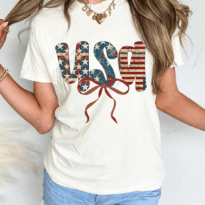 White Usa Bow Letter Graphic Independence Day Fashion Tee