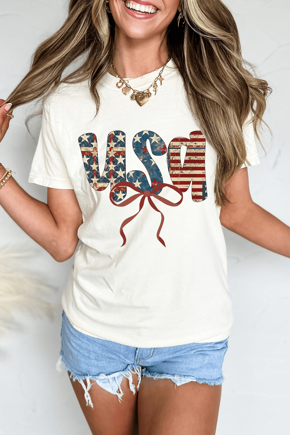 White Usa Bow Letter Graphic Independence Day Fashion Tee