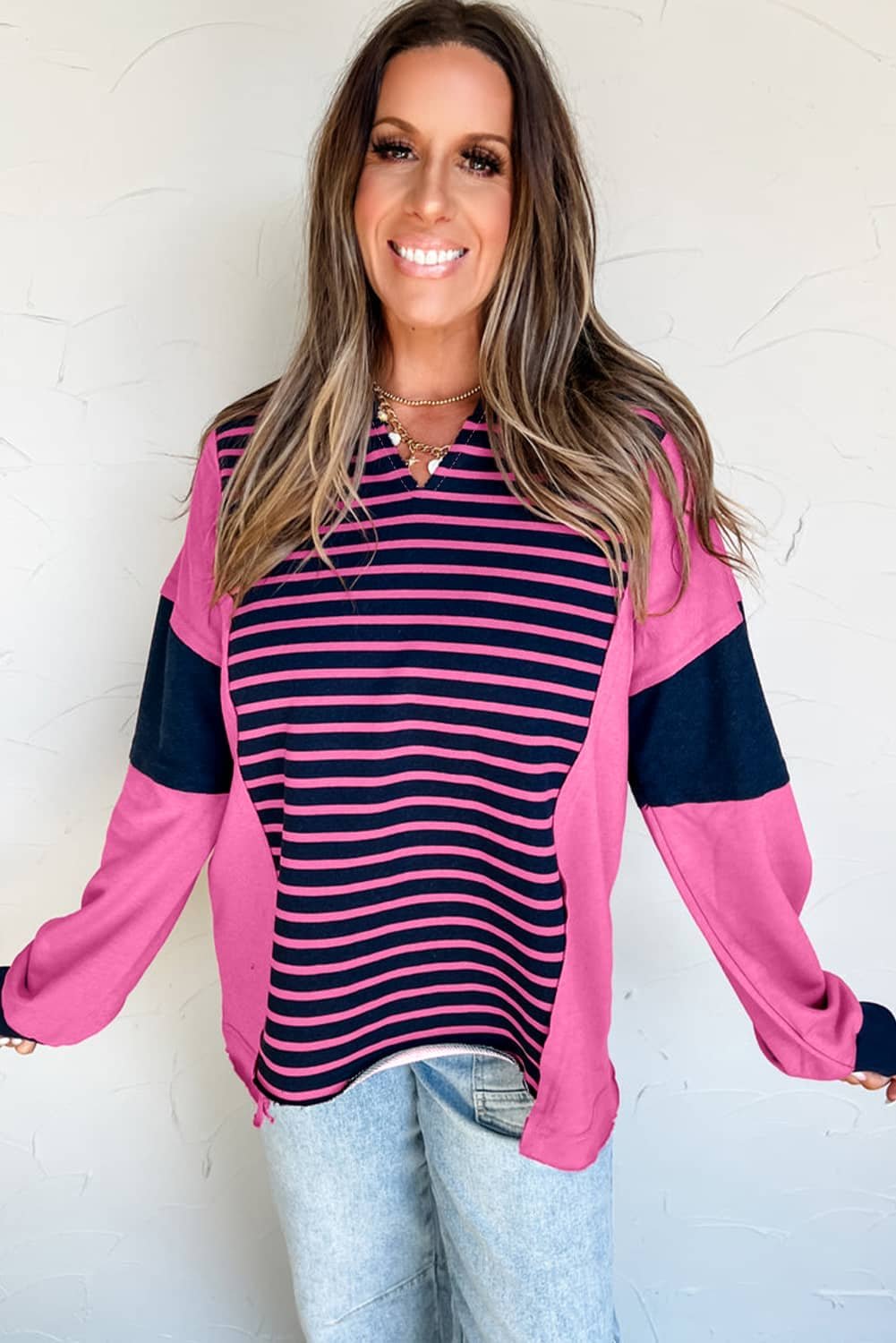 Pink Stripe Color Block V Neck Loose Fit Long Sleeve Top
