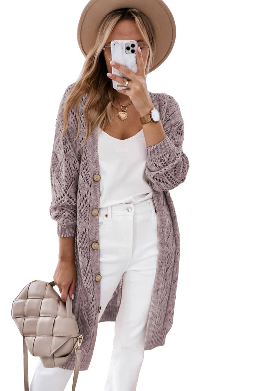 Purple Hollow-Out Openwork Knit Cardigan