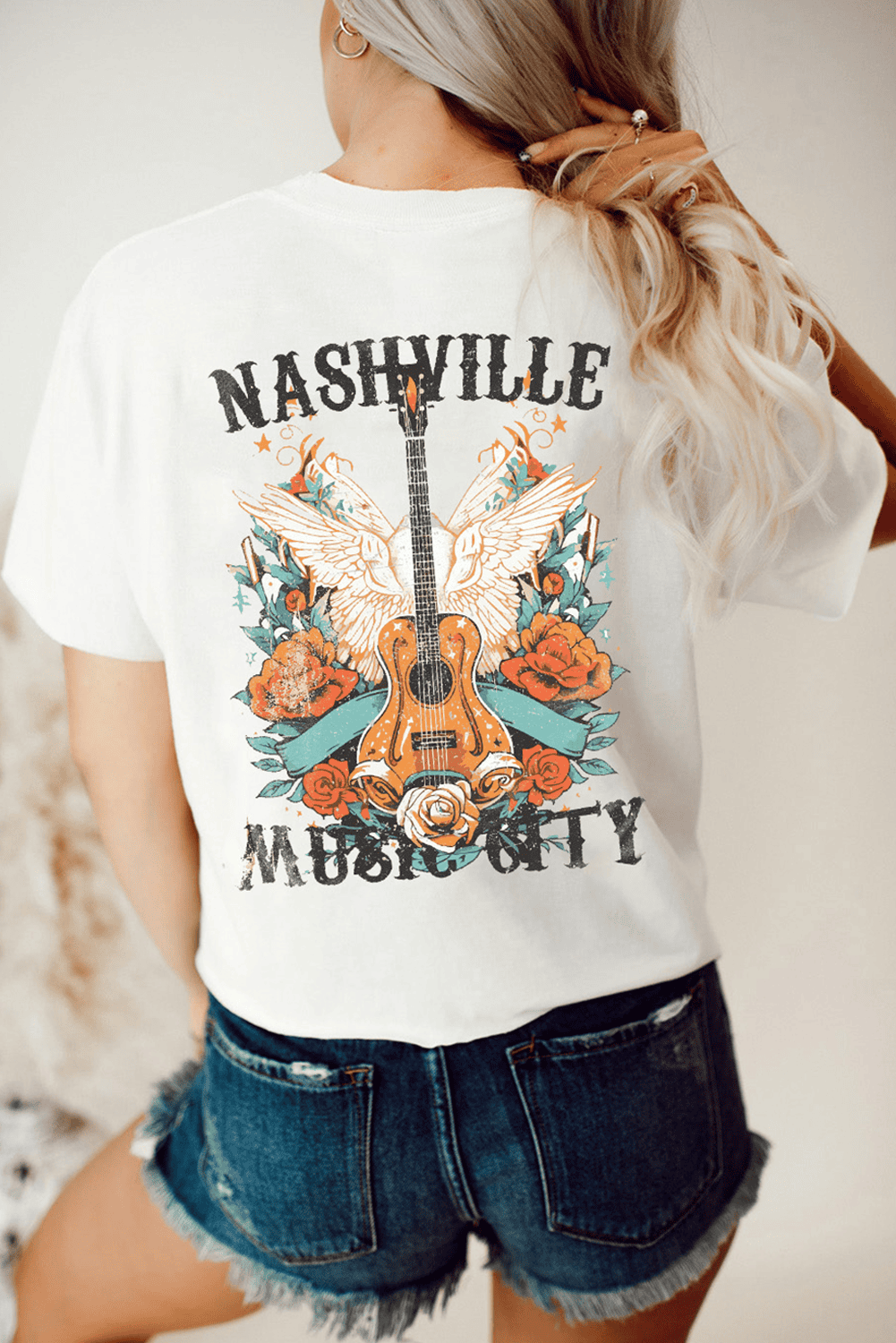 White Nashville Music City Guitar Wings Graphic Tee