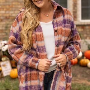 Multicolour Plus Size Plaid Print Collared Button Up Jacket