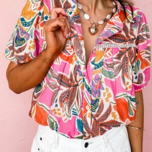 Rose Tropical Vacation Vibe Printed Button Up Short Sleeve Shirt