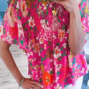 Pink Floral Short Sleeve Smocked Blouse