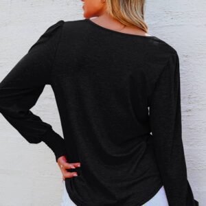 Black Shirred Shoulder Frilled Cuffs Long Sleeve Top