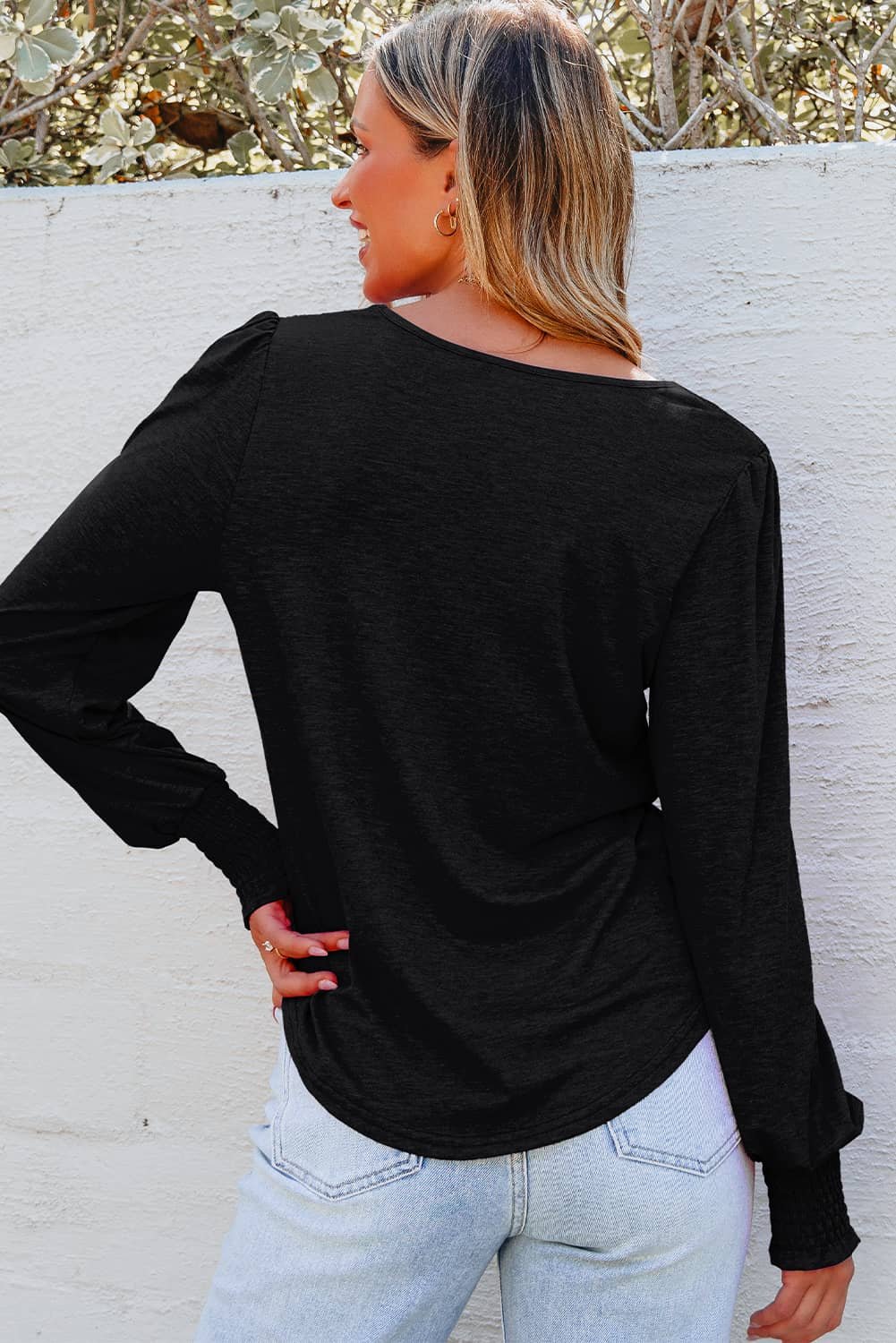 Black Shirred Shoulder Frilled Cuffs Long Sleeve Top