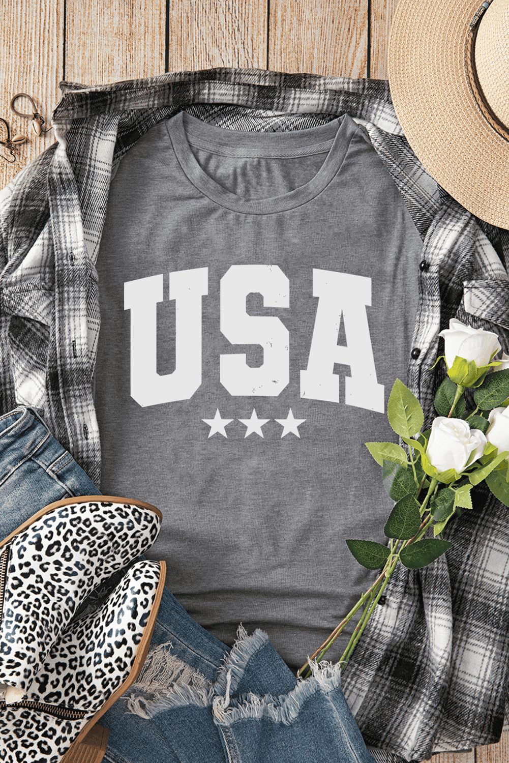 Gray Usa Vintage Star Letter Graphic Tee