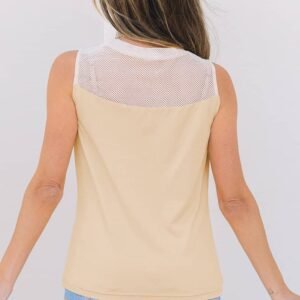 Oatmeal Solid Mesh Patchwork Crew Neck Tank Top