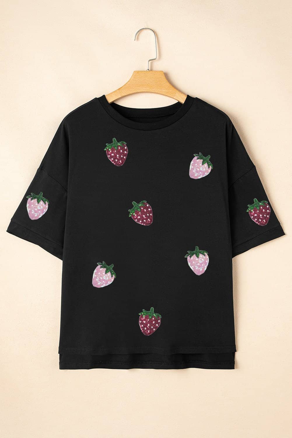 Black Sequin Strawberry Graphic High Low Relaxed Fit Tee