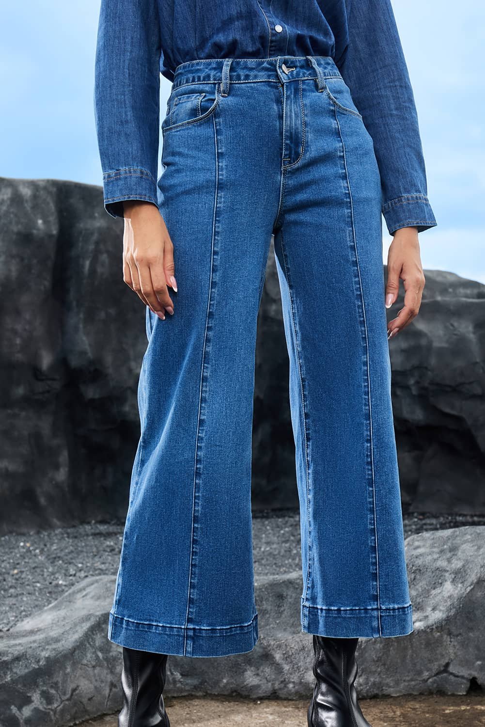 Dark Blue Plain Seam Detail Flared Bottom Ankle Length Jeans