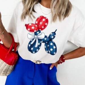 White American Flag Inspired Balloon Dog Graphic Cotton Blend T Shirt