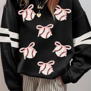 Black Bow Baseball Sequin Patched Oversized Varsity Sweatshirt