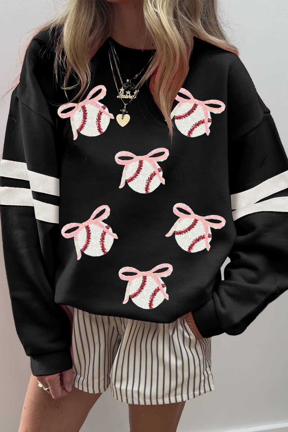 Black Bow Baseball Sequin Patched Oversized Varsity Sweatshirt