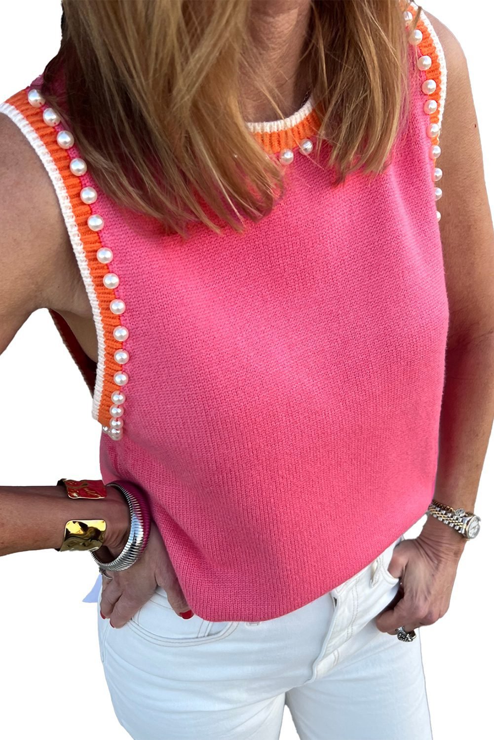 Bright Pink Contrast Trim Pearl Detail Sweater Tank Top