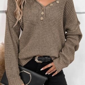 Khaki Pointelle Knit Button V Neck Drop Shoulder Sweater