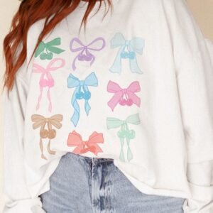 White Bowknot Pattern Drop Shoulder Loose Sweatshirt