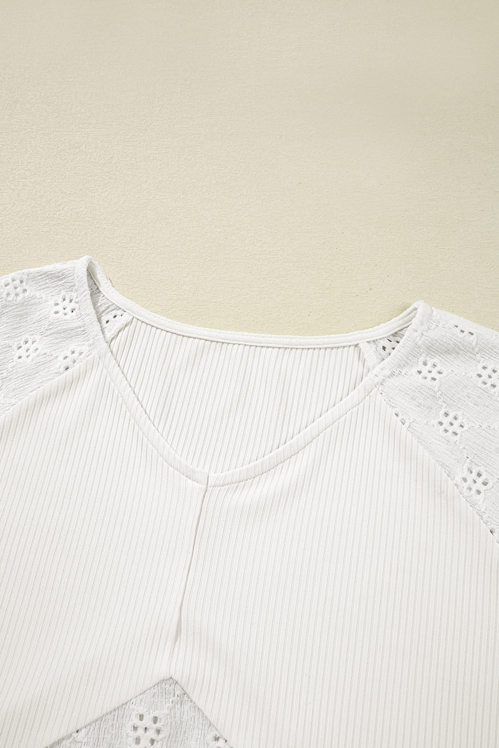 White Twisted Rib Patchwork Embroidered Loose V Neck Long Sleeve Top