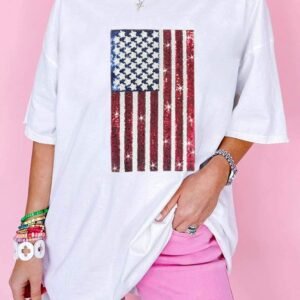 White Sequined American Flag Crewneck Oversized Tee