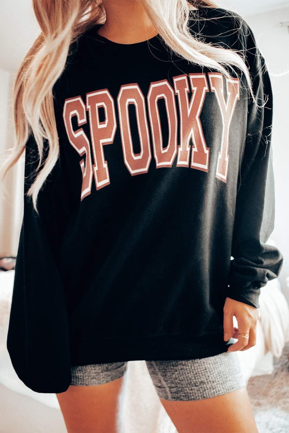 Black Spooky Graphic Drop Shoulder Halloween Pullover Sweatshirt