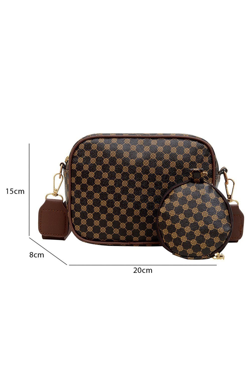Coffee Checkered Print Pu Leather Shoulder Bag With Coin Wallet