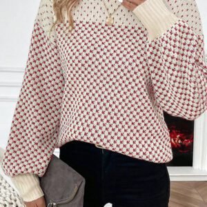 Red Contrast Color Pattern Lantern Sleeve Sweater