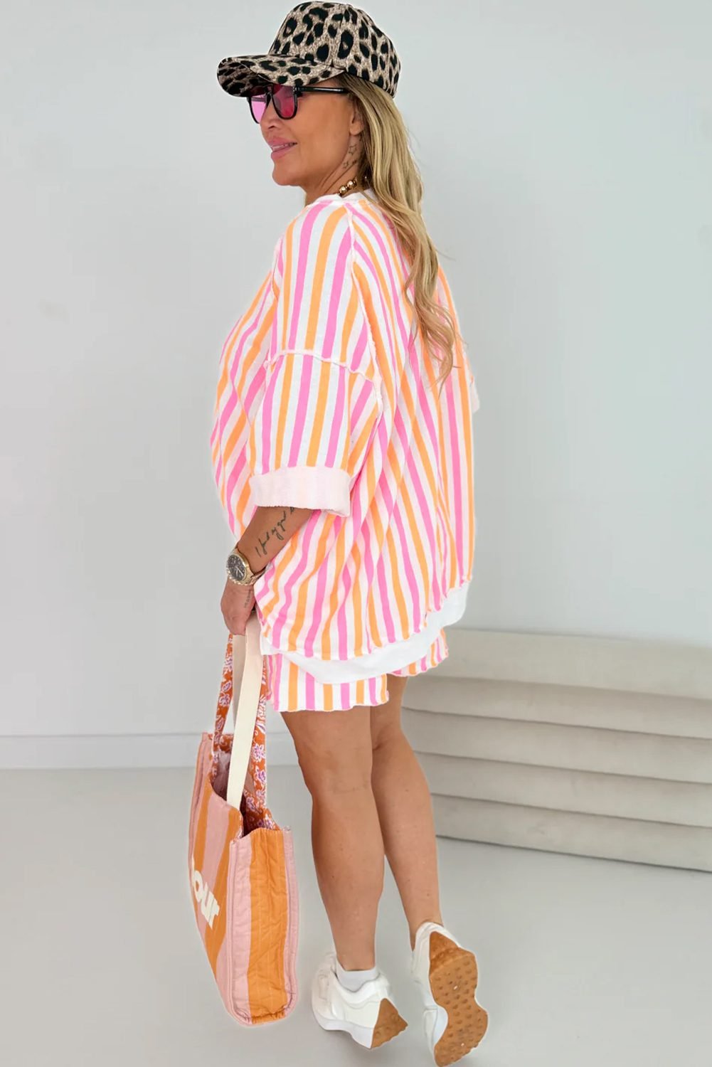 Pink Stripe Drop Shoulder Half Sleeve Loose Tee And Shorts Casual Set
