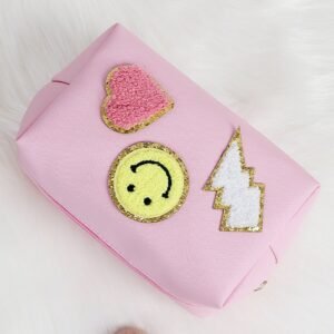 Pink Smiley Face Chenille Patched Pu Zipper Makeup Bag