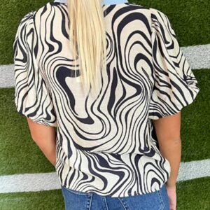 White Zebra Stripe Print Contrast V-Neck Ricrac Detail Short Sleeve Blouse Top