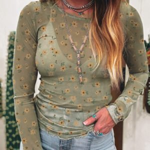 Laurel Green Vintage Floral Print Southern Style Mesh Long Sleeve Top