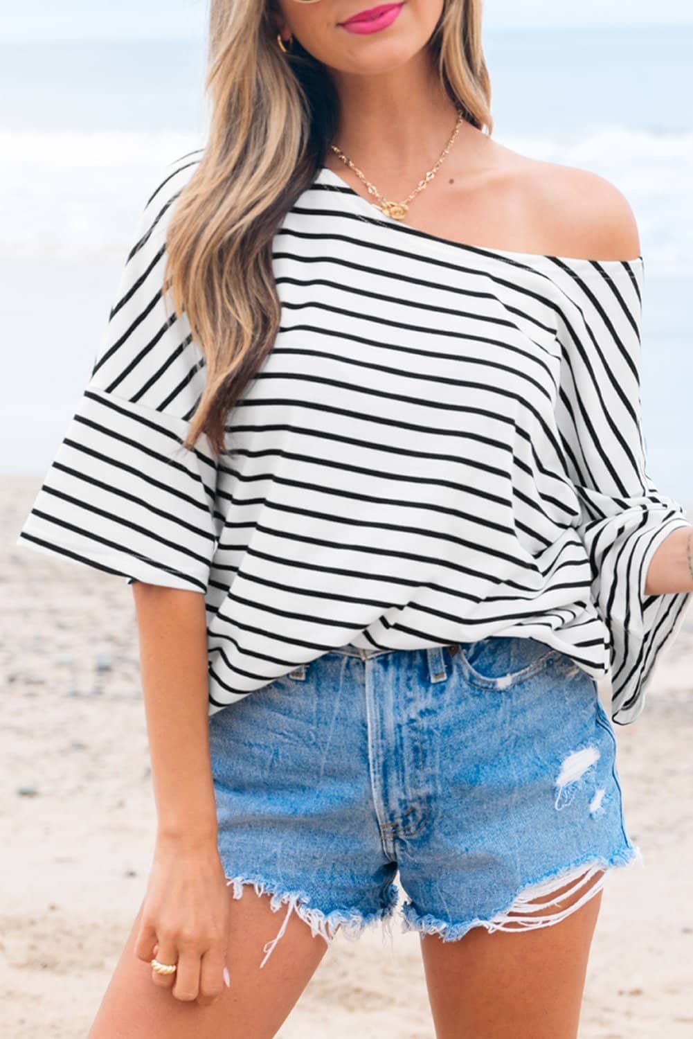 Black Stripe Half Sleeve Scoop Neck Loose Top