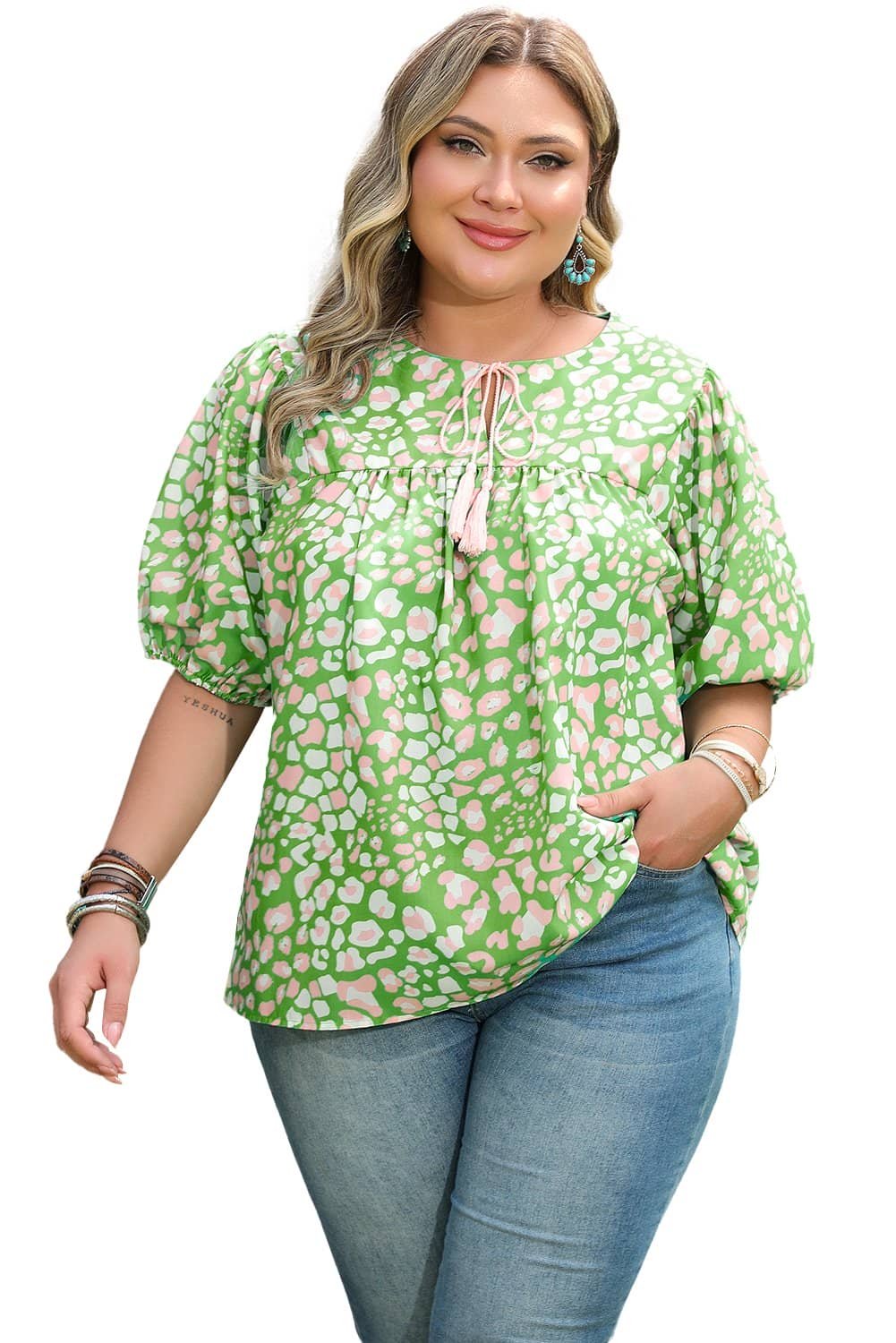 Green Plus Size Floral Tassel Tie Split Neck Puff Sleeve Blouse