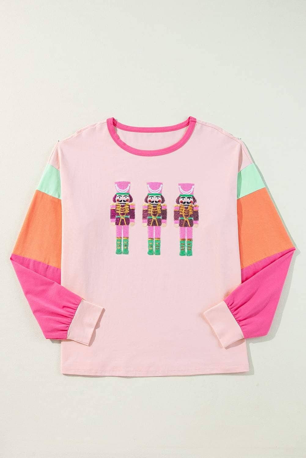 Pink Christmas Sequin Nutcracker Graphic Colorblock Long Sleeve Top
