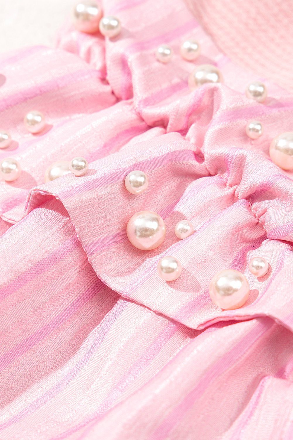 Light Pink Pearl Beaded Ruffle Short Sleeve Patchwork Ribbed Blouse