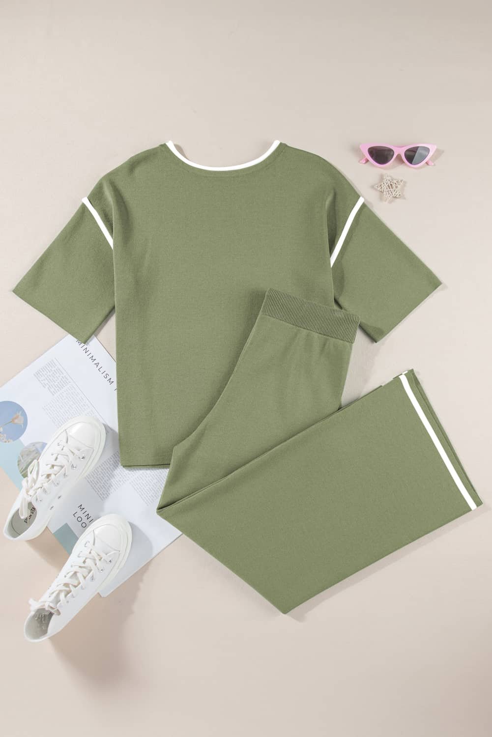 Guacamole Green Contrast Trim Half Sleeve Top Drawstring Pants Loose 2Pcs Sweater Suit