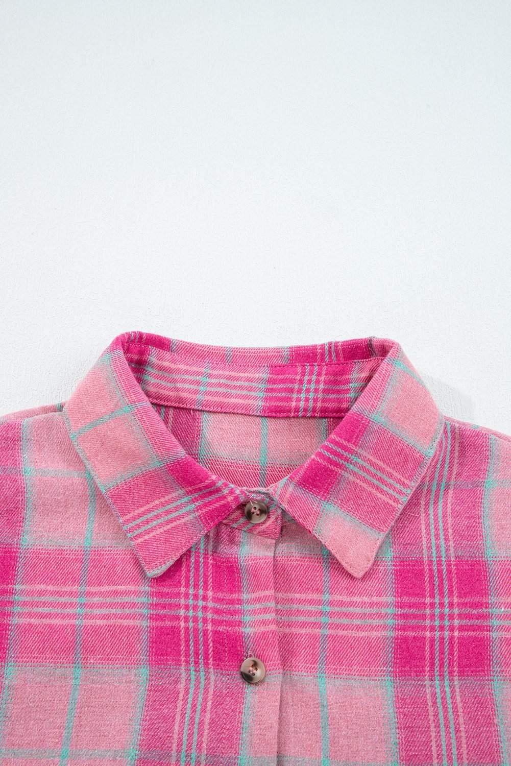 Sachet Pink Plaid Print Rounded Hem Long Sleeve Shirt With Pockets
