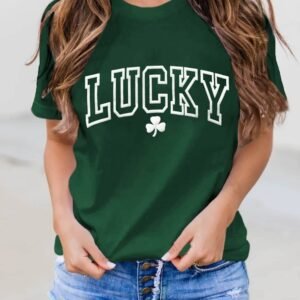 Green Lucky Clover Puff Print Round Neck Casual T Shirt