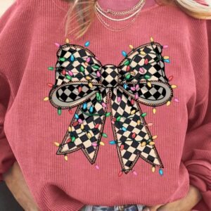 Strawberry Pink Checkered Bow Print Ribbed Crew Neck Pullover Sweatshirt