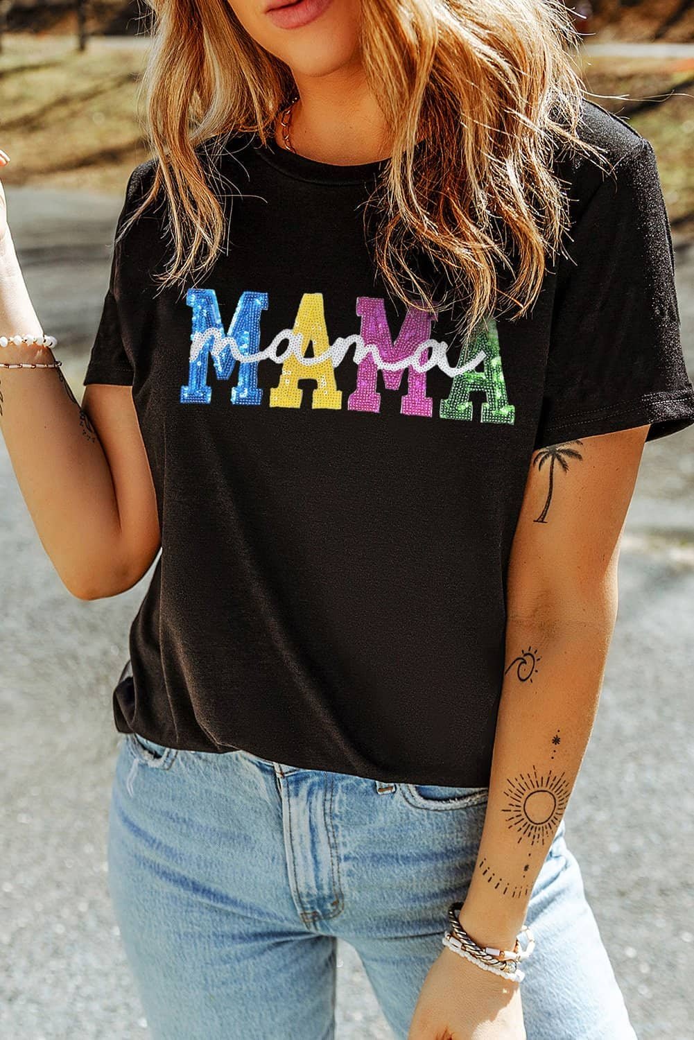 Black Sequin Mama Double Letter Graphic Tee