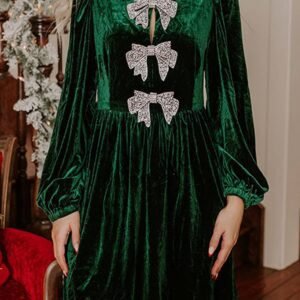 Evergreen Bowknot Decor High Waist Velvet Mini Dress