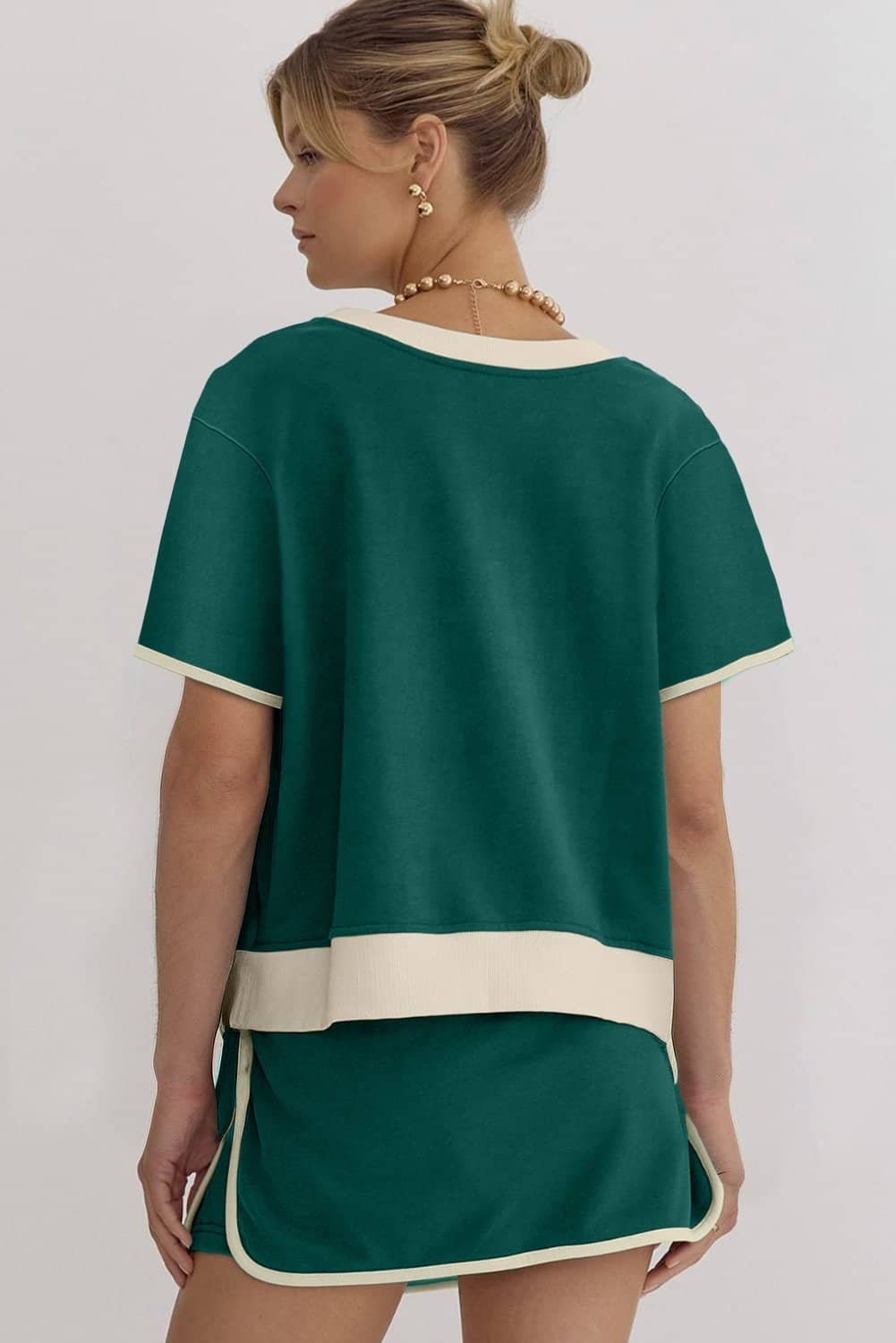 Evergreen Colorblock Edge Drop Shoulder T Shirt And Skort 2Pcs Set
