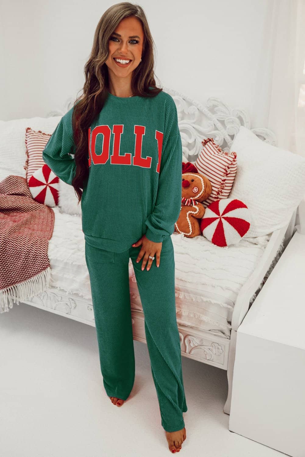 Evergreen Jolly Corded Long Sleeve Top And Pockets Pants Set