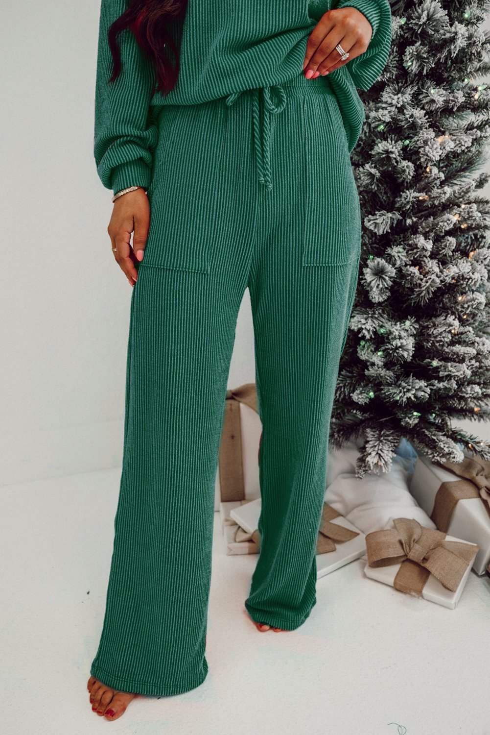 Evergreen Jolly Corded Long Sleeve Top And Pockets Pants Set