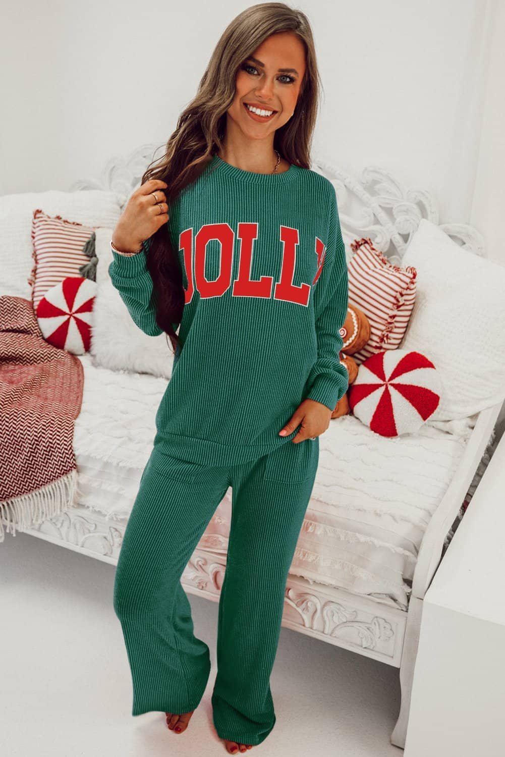 Evergreen Jolly Corded Long Sleeve Top And Pockets Pants Set