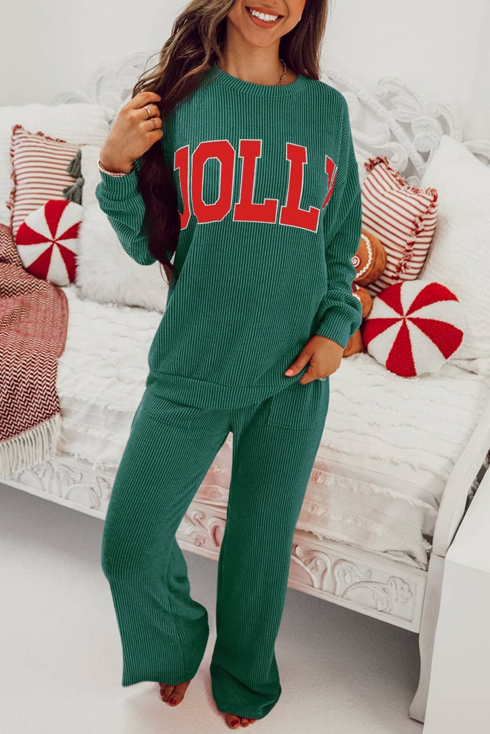 Evergreen Jolly Corded Long Sleeve Top And Pockets Pants Set