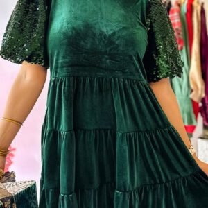 Evergreen Sequin Puff Sleeve High Waist Tiered Velvet Mini Dress