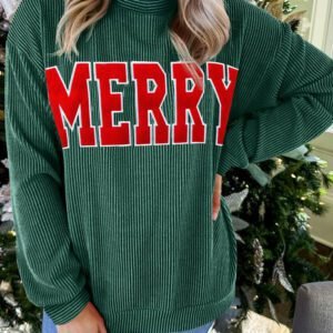 Evergreen Twisted Rib Outlined Merry Letter Graphic Loose Long Sleeve Top