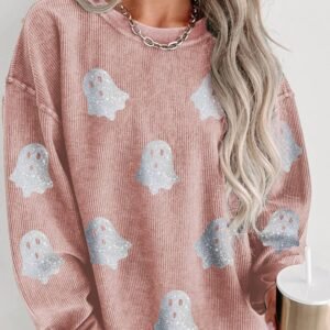 Pink Halloween Ghost Corded Crew Neck Loose Sweatshirt